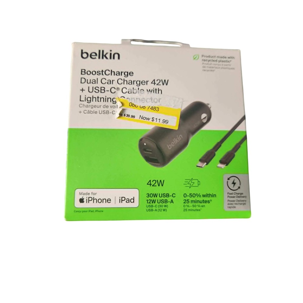Belkin BoostCharge Dual Car Charger 42W USB-C Lightning Cable Black NIB CCB005